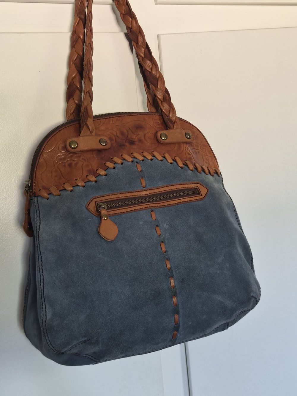 Lucky Brand Two-Tone Braided Handle Suede Shoulder Bag - Blue & Brown - Picture 2 of 11